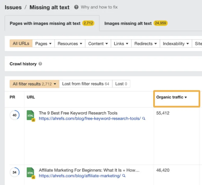 受“缺少 alt 文本”问题影响的 URL,来自 Ahrefs Webmaster Tools