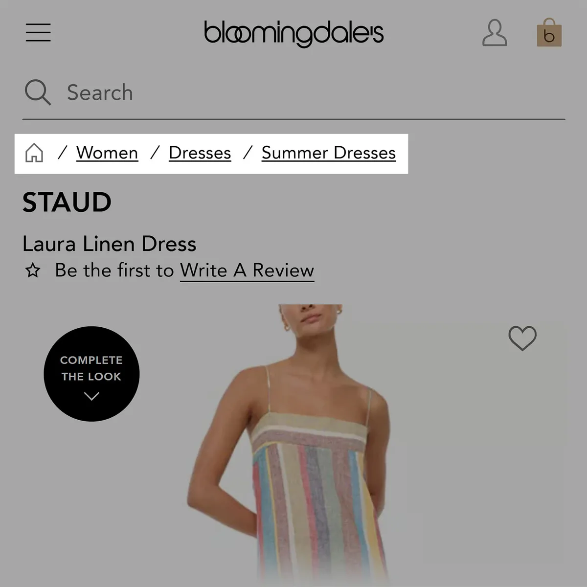 Bloomingdale’s 移动端页面，产品列表上方显示面包屑路径 女装 > 连衣裙 > 夏日连衣裙。