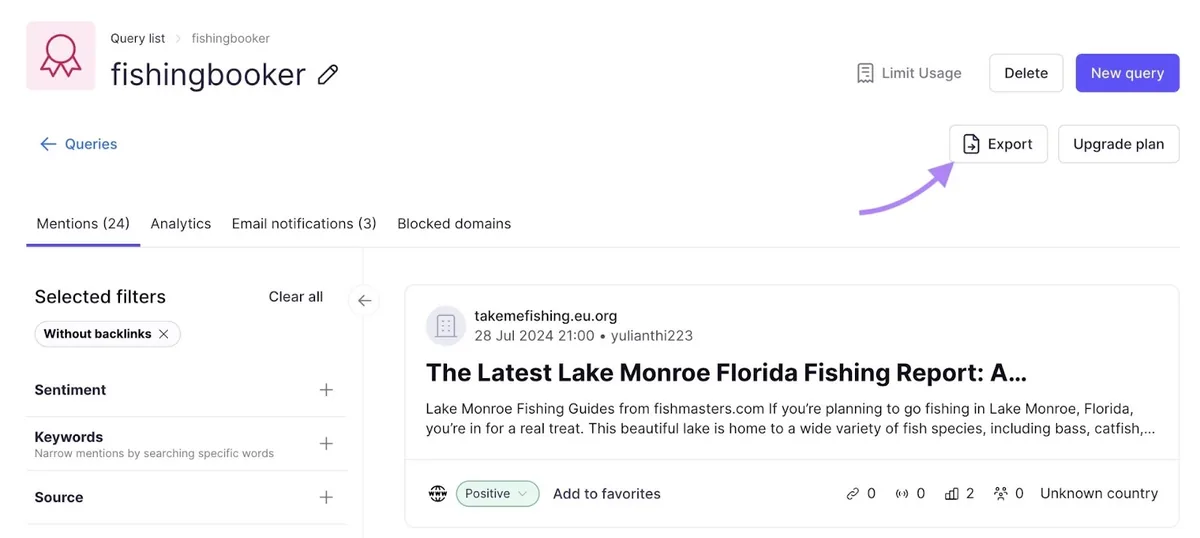 Brand Monitoring 工具上突出显示的“Mentions”标签页，箭头指向右上角的“Export”按钮。