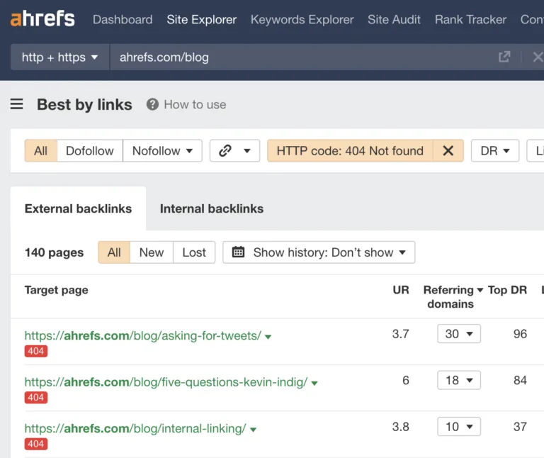 在 Site Explorer 的“按链接数排序”（Best by Links）报告中查找带有链接的死链页面