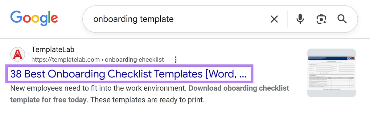 “onboarding template”的 Google 搜索结果页面结果,较长的标题标签在搜索结果中被截断。