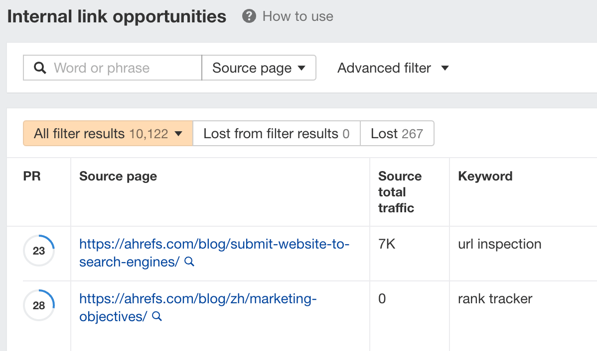 Ahrefs Site Audit 的内链机会报告