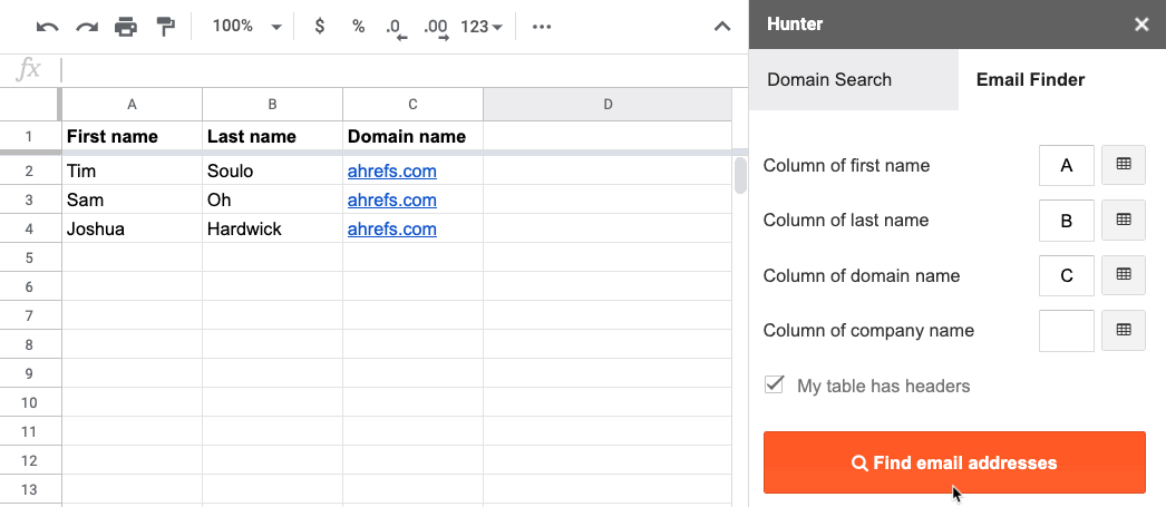 用 Hunter for Sheets 插件直接在 Google Sheets 中批量查找邮箱