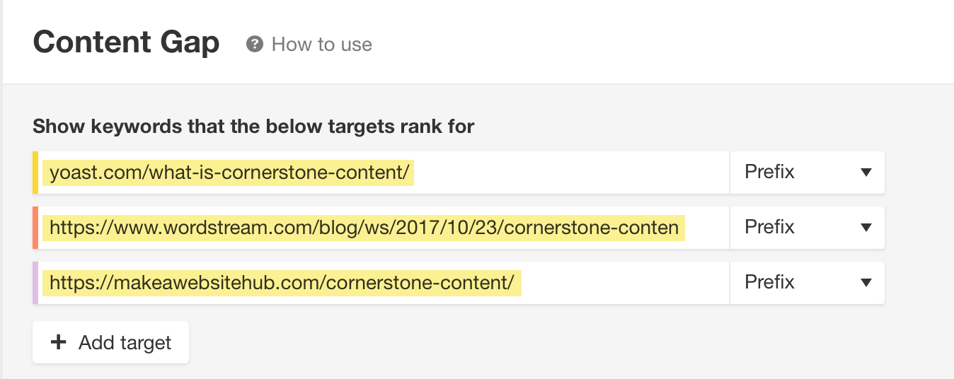 在 Content Gap 报告中输入排名靠前的页面 URL