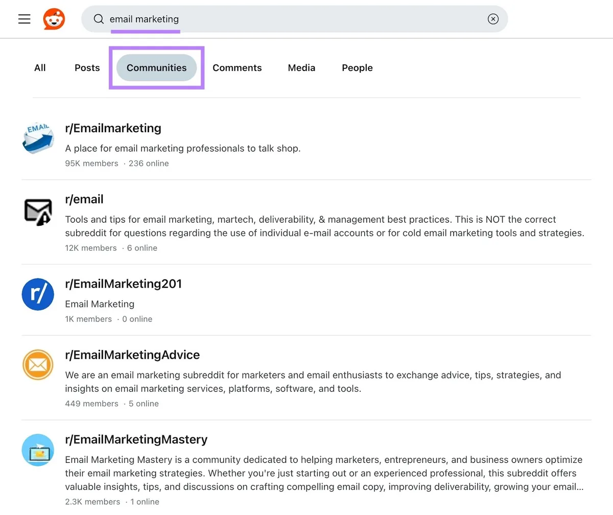 在 Reddit 搜索中输入种子关键词“email marketing”并选择“Communities”，显示相关 subreddit 列表。