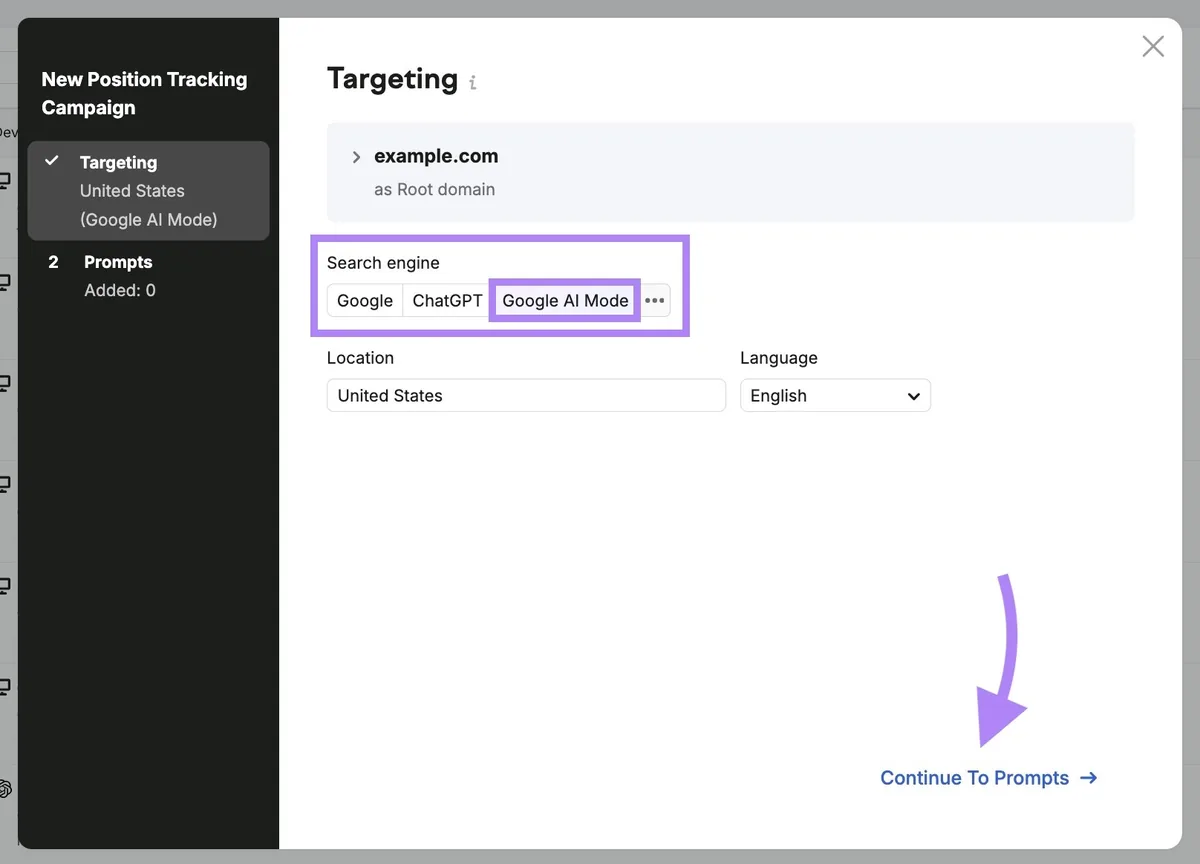 Position Tracking 的定位设置,已选择“Google AI Mode”作为搜索引擎并点击“Continue to Prompts”。