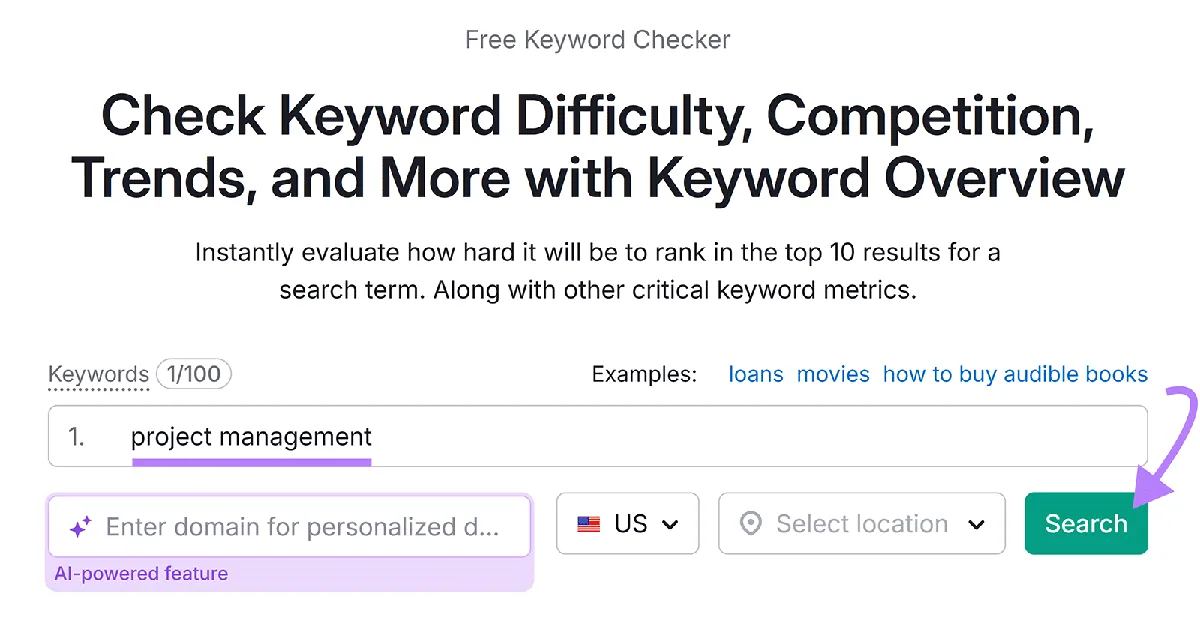 Keyword Overview 工具显示已输入“project management”，搜索按钮已高亮显示。