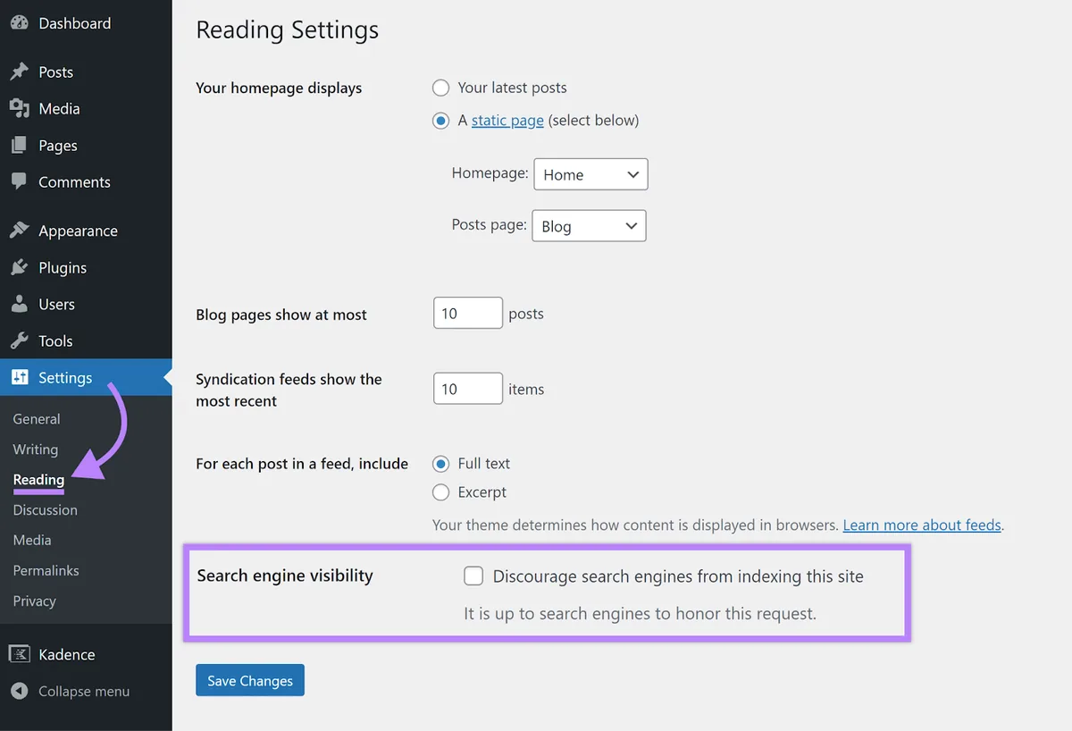 WordPress 后台菜单中从“设置”指向“阅读”的箭头,“搜索引擎可见性”设置高亮