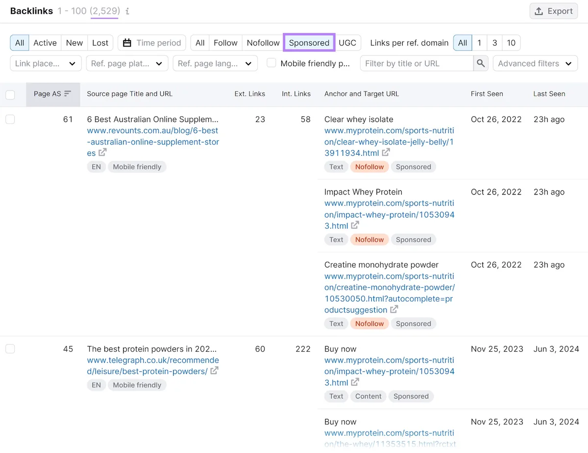 Backlinks 工具的“Backlinks”部分，“Sponsored”筛选器被突出显示