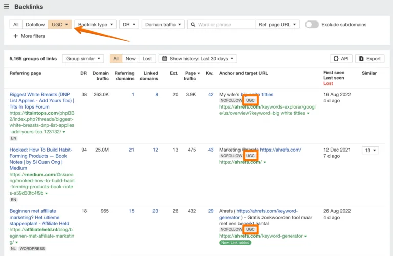 Ahrefs Site Explorer 中的 UGC 链接