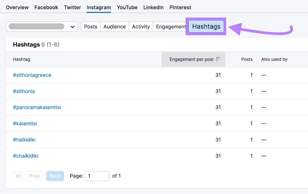 Social Tracker 中“Instagram”下的“Hashtags”列表