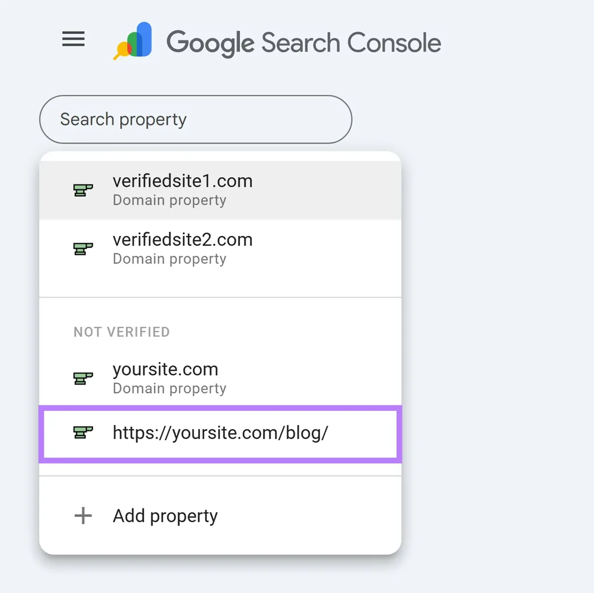 Google Search Console 资源列表,已高亮显示已验证的博客 URL 前缀属性