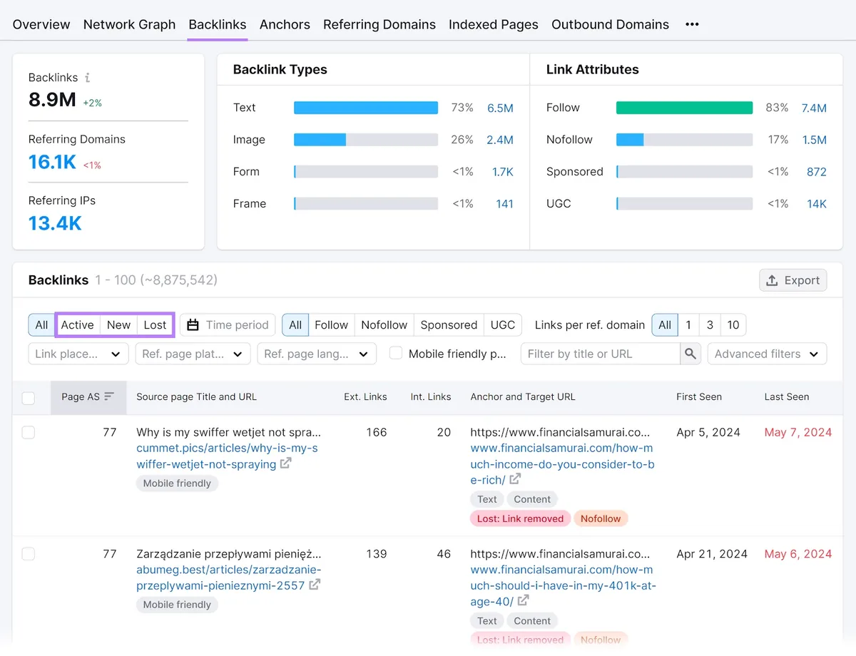 Backlinks 工具的“Backlinks”标签页，“Active”、“New”和“Lost”筛选器被突出显示
