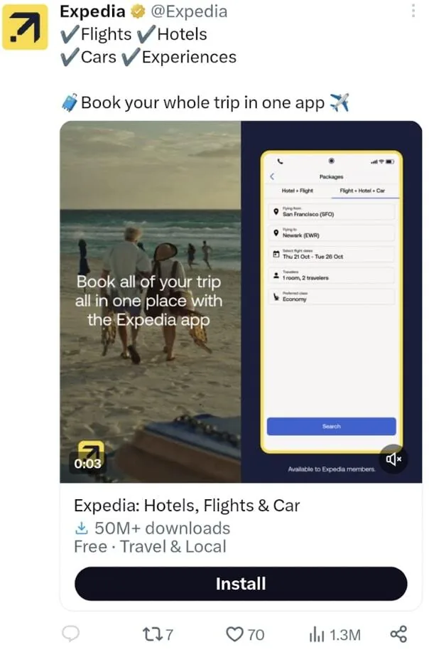 Expedia 的 Twitter 广告示例