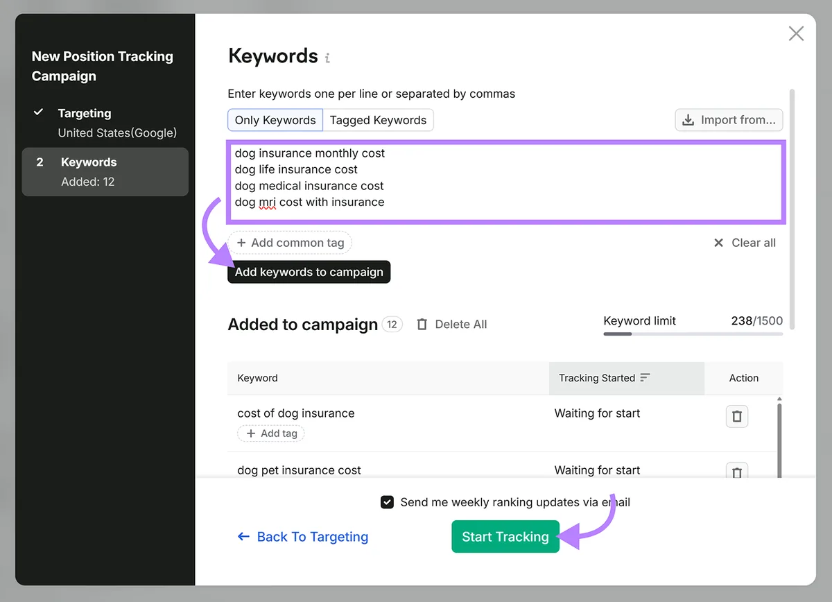 Semrush Position Tracking 广告系列设置，已添加关键词并突出显示 Start Tracking 按钮