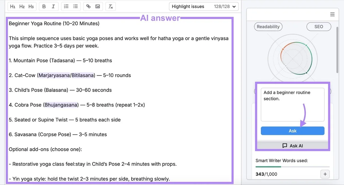 SEO 写作助手中的 AI 回答