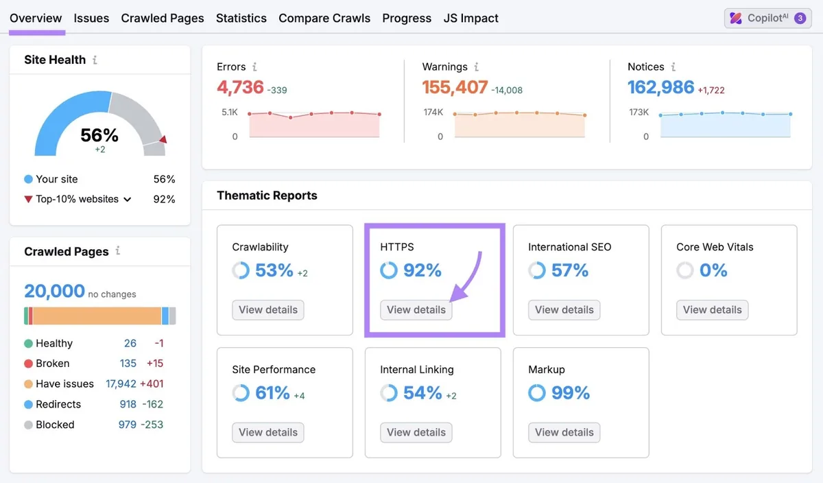 Site Audit Overview 点击“HTTPS”下的“View details”。