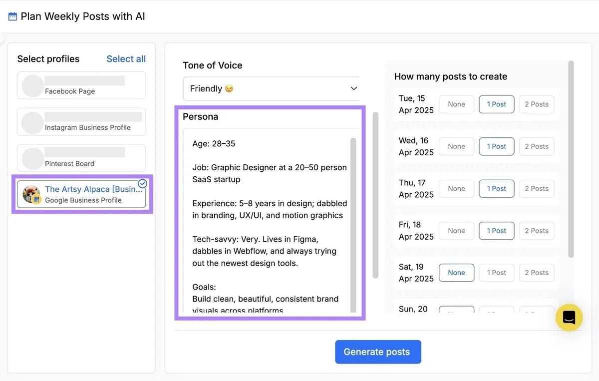 RecurPost 上的“Plan Weekly Posts with AI”窗口,“Persona”部分被突出显示。