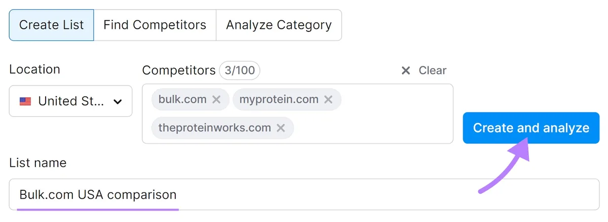 在“List name”框中输入的“Bulk.com USA comparison”