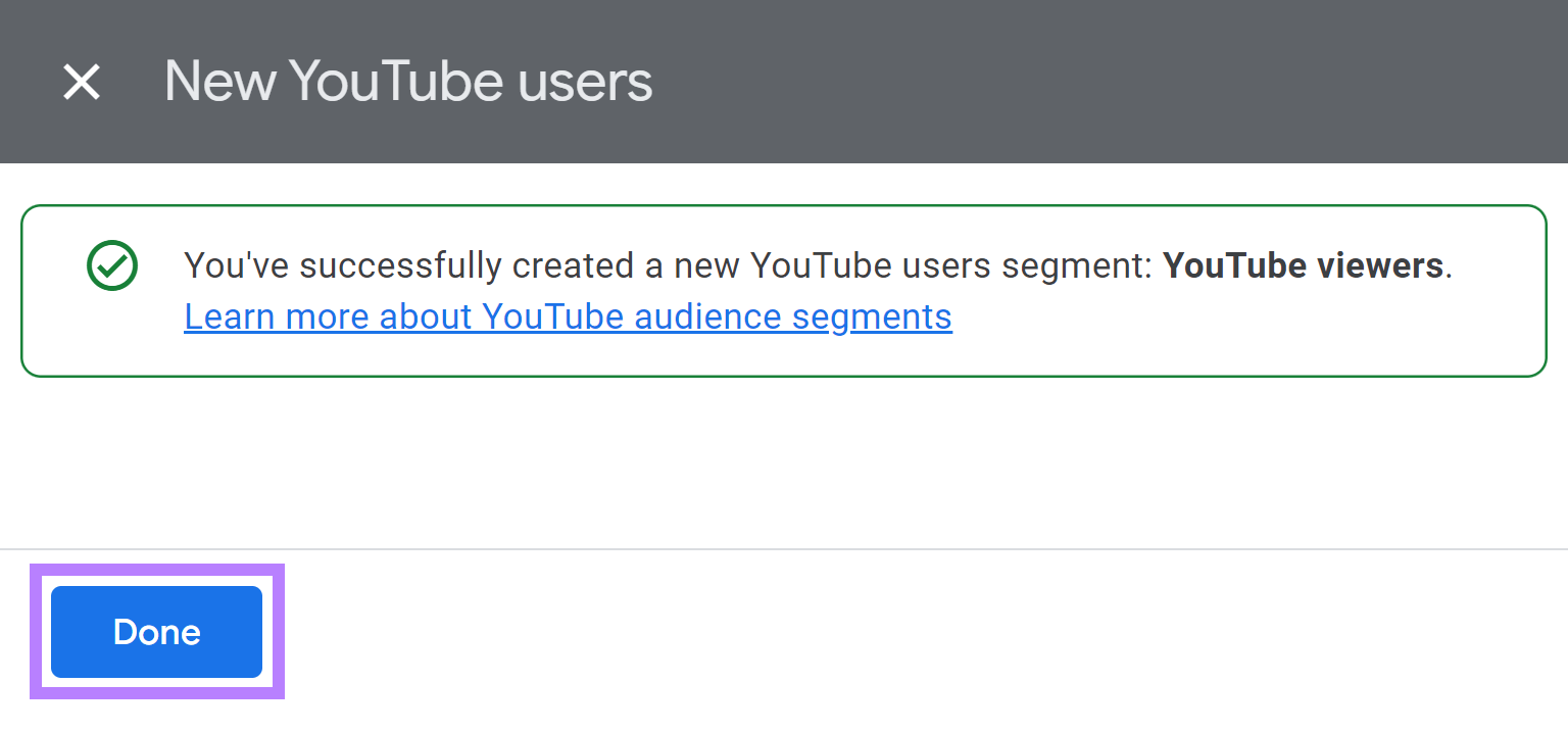 你已创建新的 YouTube 用户细分的通知