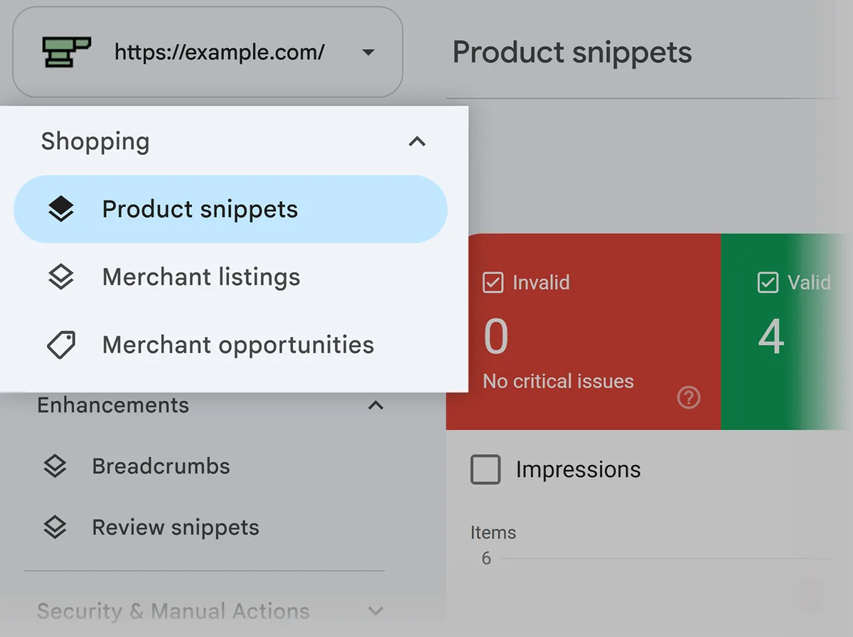 Google Search Console“Shopping”菜单,展示 Product snippets、Merchant listings 和 Merchant opportunities 报告