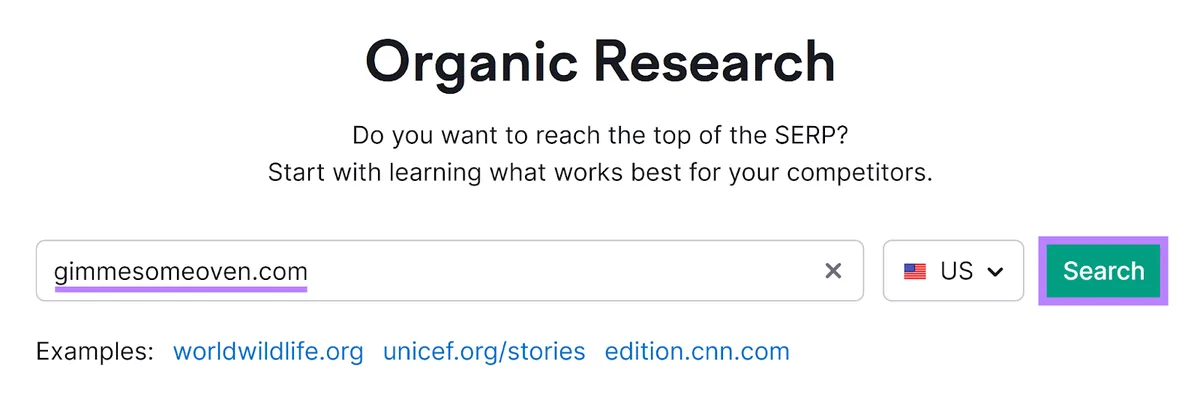Semrush Organic Rankings 工具起始页,已输入域名,突出显示 Search 按钮