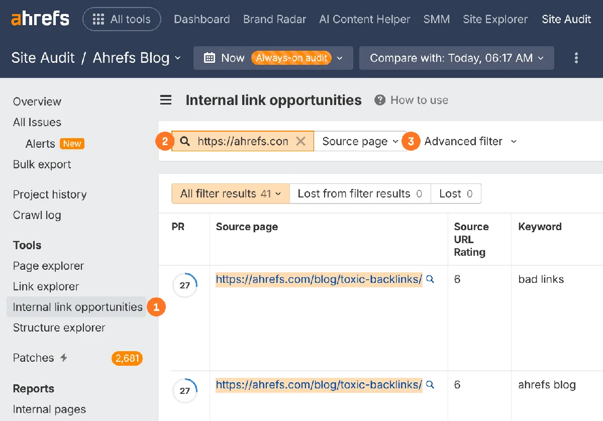 Ahrefs Internal link opportunities 报告，展示建议的链接