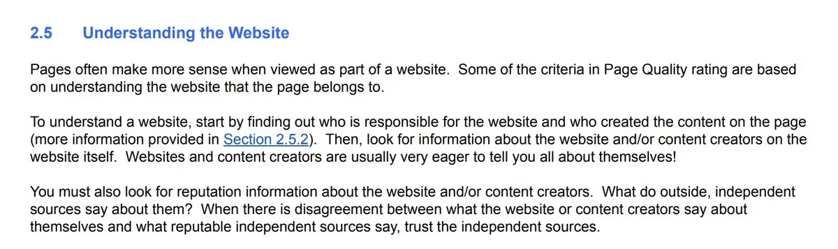 Google 搜索质量评估指南的“了解网站”部分。
