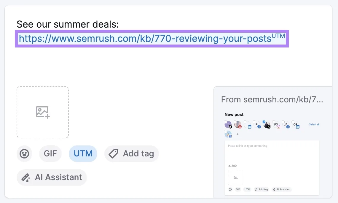 在 Social Poster 上发布的帖子中的 URL,末尾带有 UTM 标签