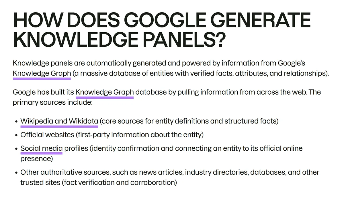 Semrush 文章章节,说明 Google Knowledge Panels 如何使用 Wikipedia、官方网站、社交资料和可信来源