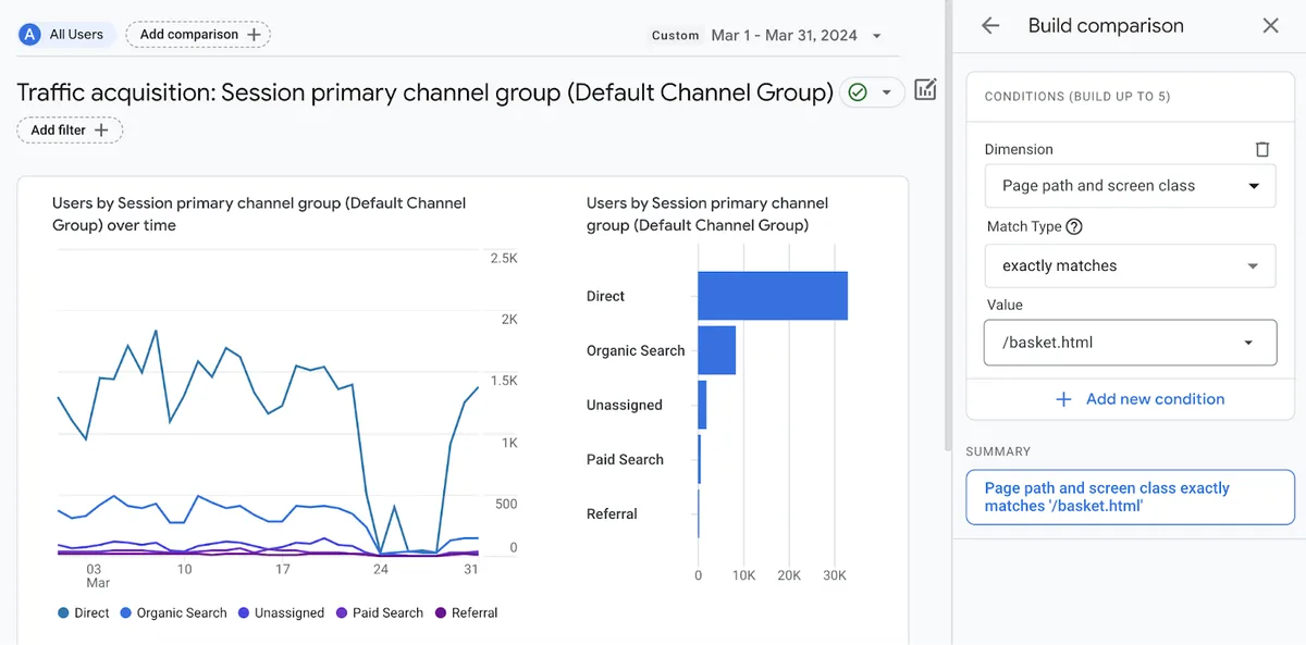 在 Google Analytics 中为单个页面筛选“流量获取”报告