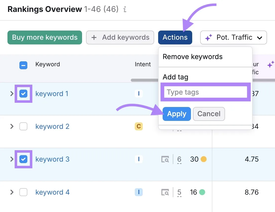 Position Tracking 工具上的 Rankings Overview,已选中若干关键词,点击“Actions”,并突出显示“Add tag”。