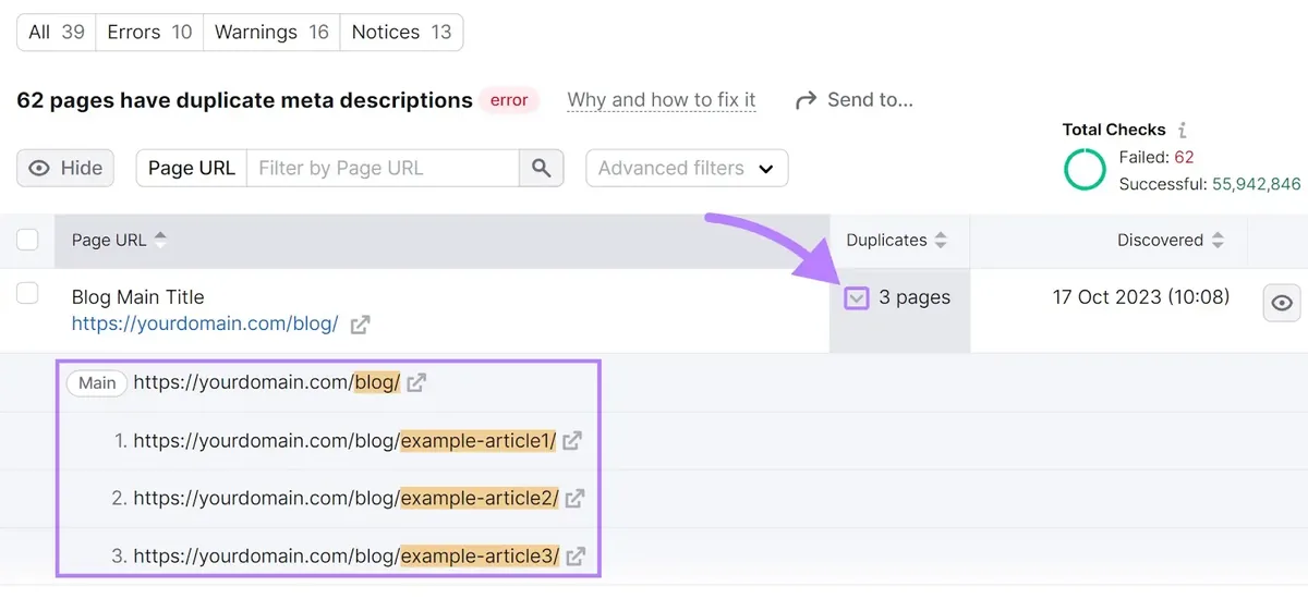 Semrush 上的 Site Audit,显示存在重复元描述(meta description)的页面列表。