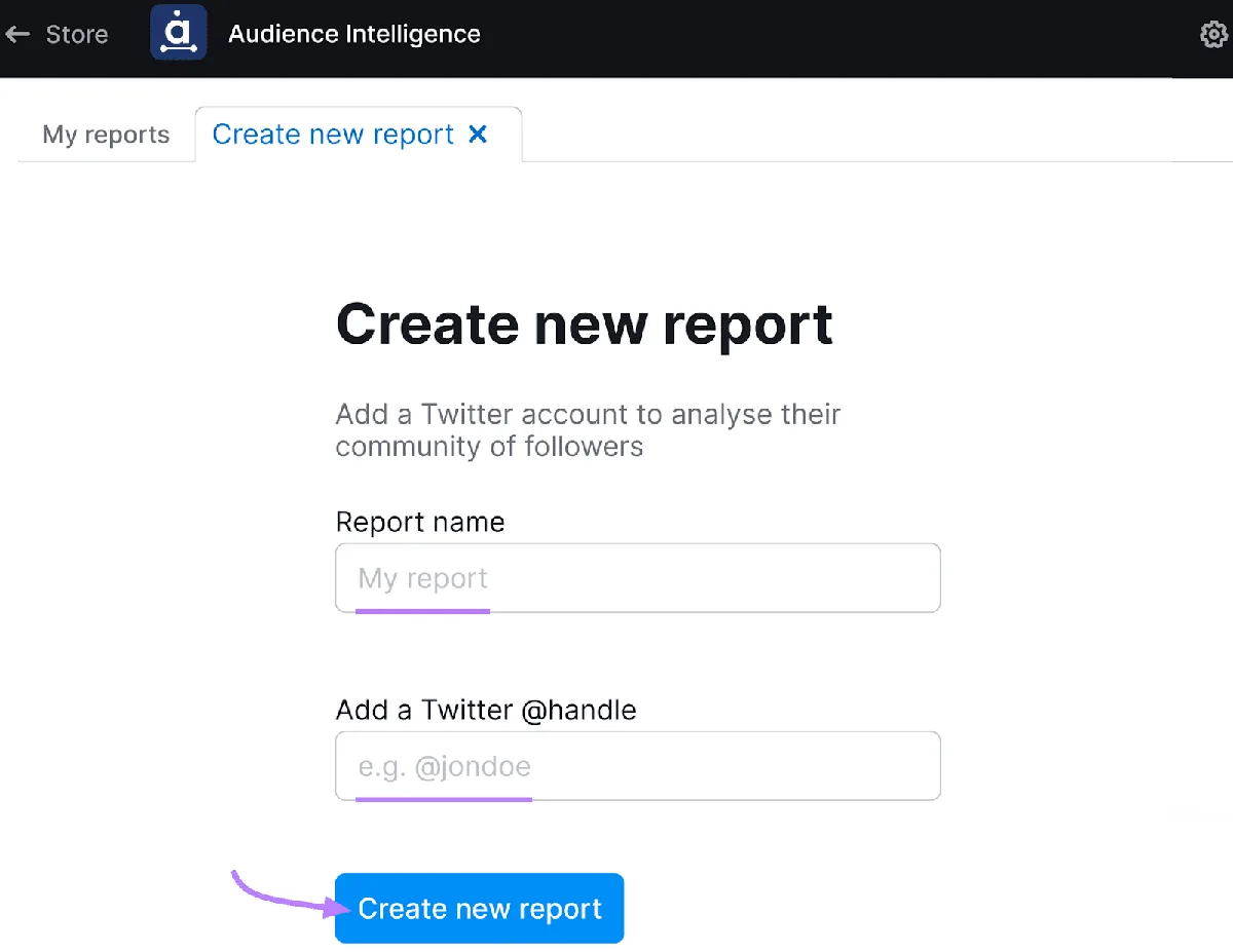 Audience Intelligence 界面，用于创建新报告，底部有醒目的蓝色“Create new report”按钮。