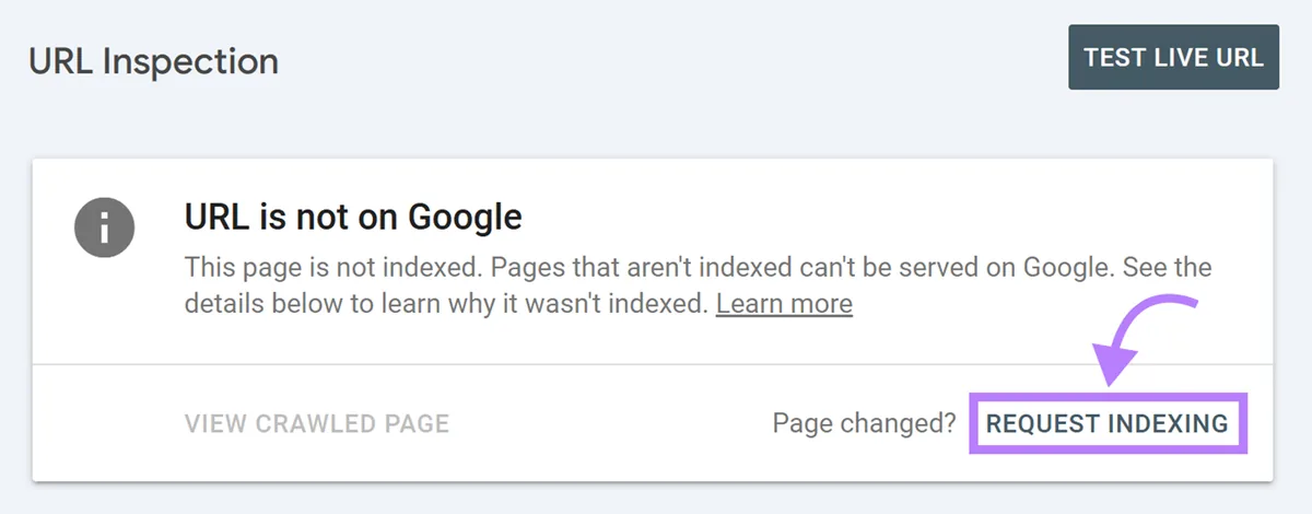 Google Search Console“网址检查”页面,Request Indexing 按钮已高亮显示