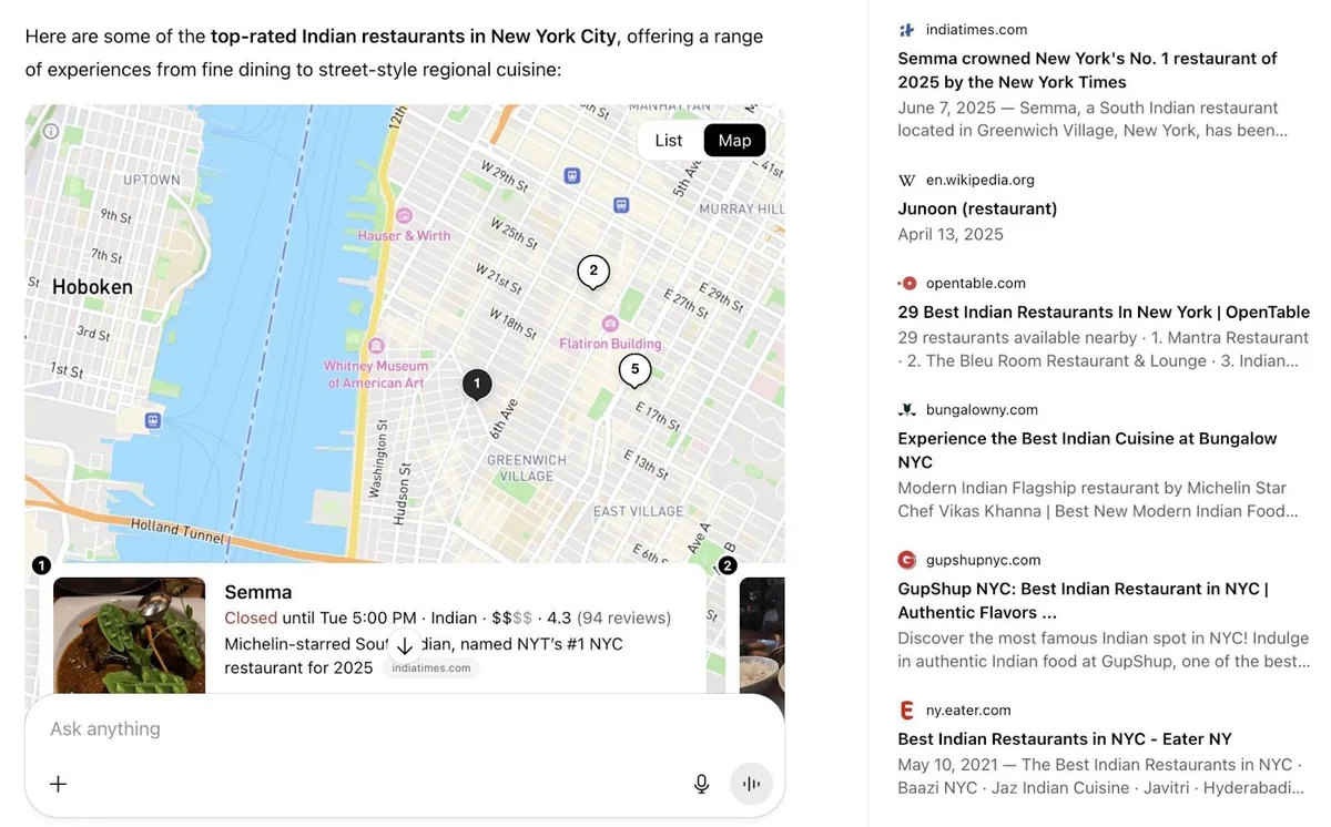 ChatGPT 语音助手对纽约最佳印度餐厅的结果,结果提取自 Wikipedia、YouTube、Reddit 等来源。