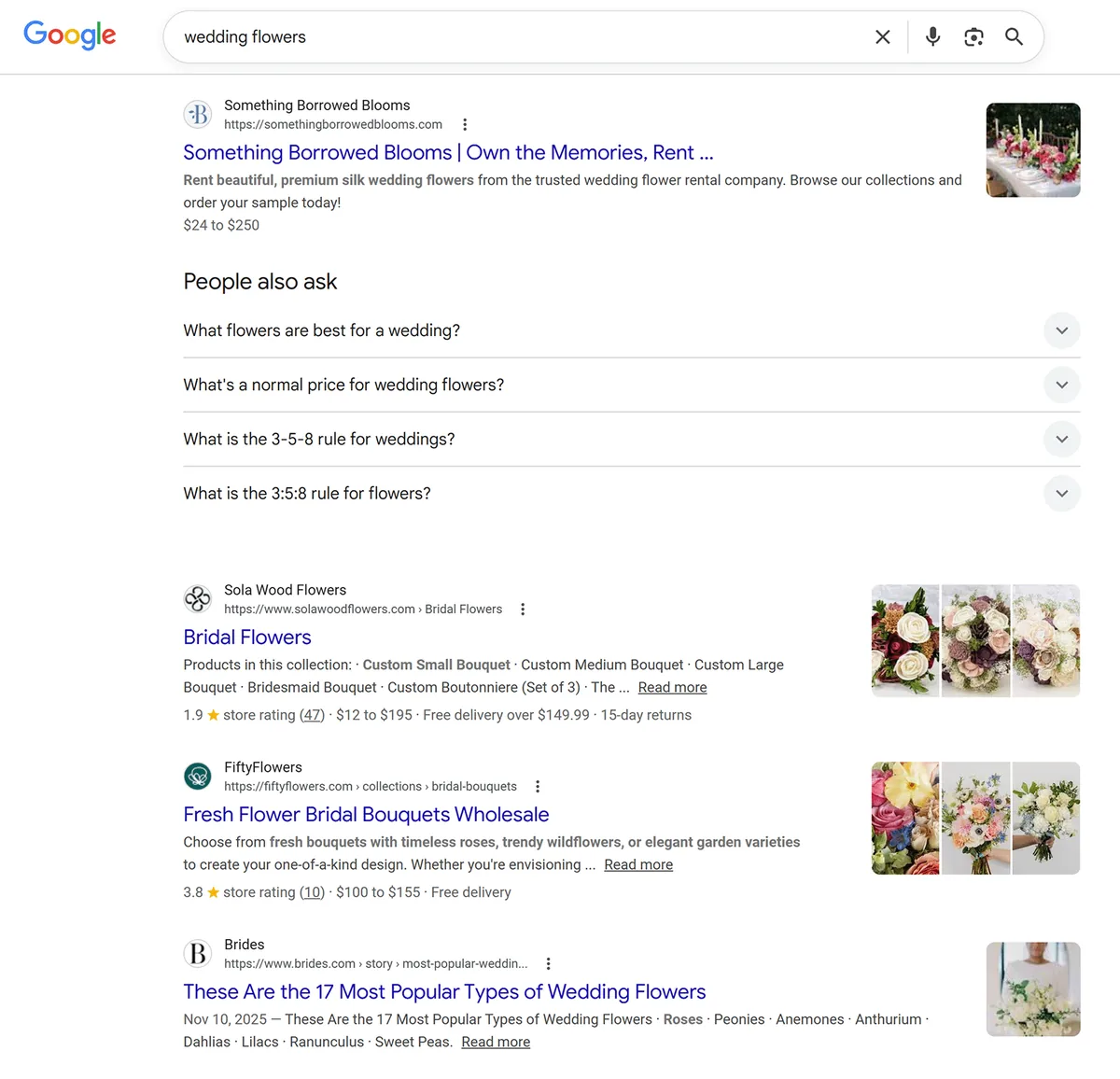“wedding flowers”的 Google 搜索结果,包含自然结果列表和 People Also Ask 部分。