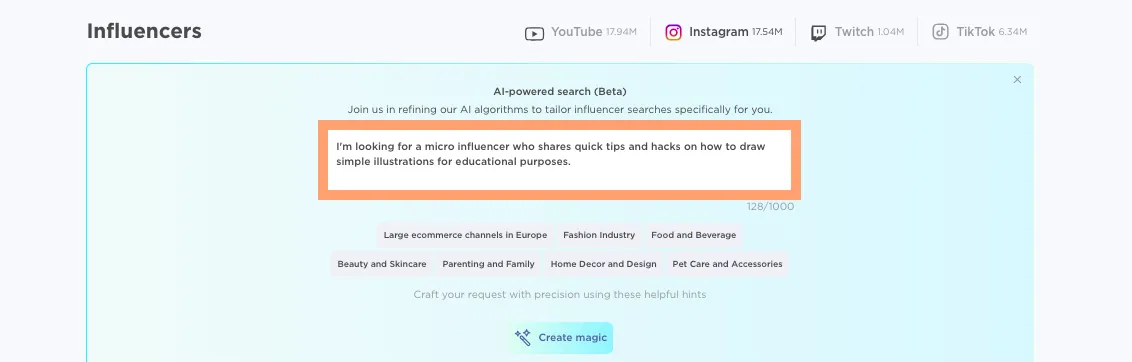 Influencer Analytics 应用内的 AI 搜索工具。