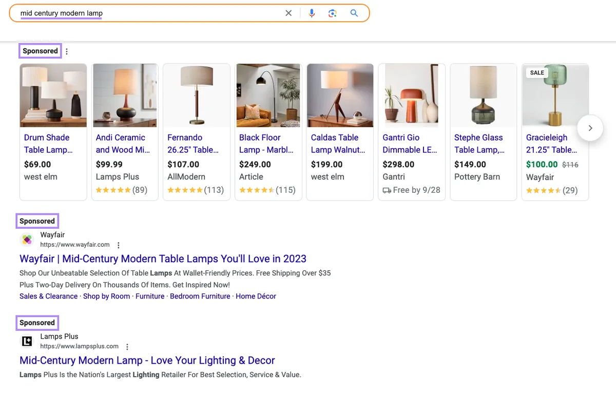 “mid century modern lamp”搜索的 Google 搜索结果页面，“sponsored”帖子已高亮显示