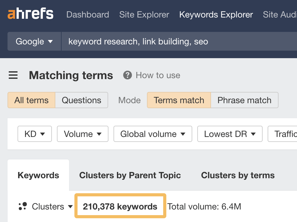 在 Ahrefs' Keywords Explorer 中，由 SEO 
