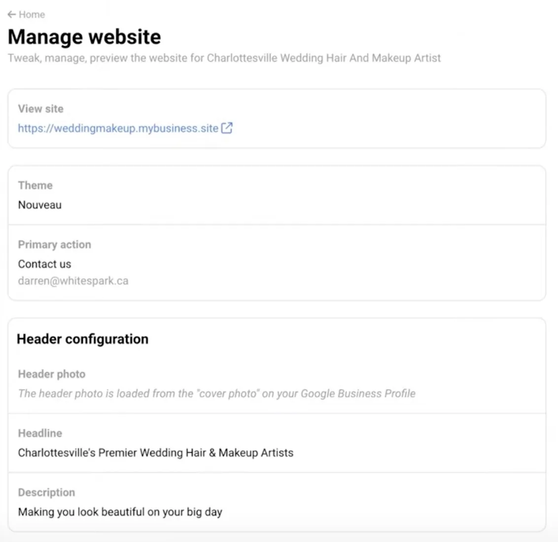 Whitespark 上的“Manage website”窗口,带有使用商家 GBP 数据创建网站的输入框。