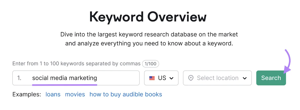 在 Keyword Overview 工具中输入的“社交媒体营销”