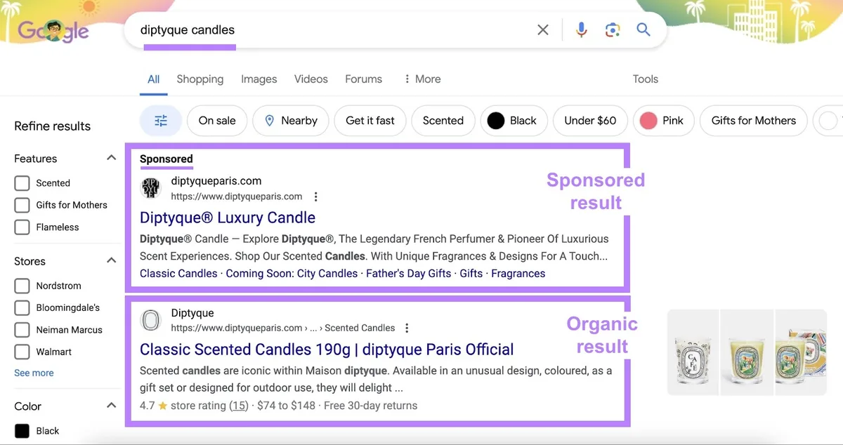 Google 搜索结果页面显示某品牌在某个词条下同时排名为顶部赞助结果和顶部自然结果。