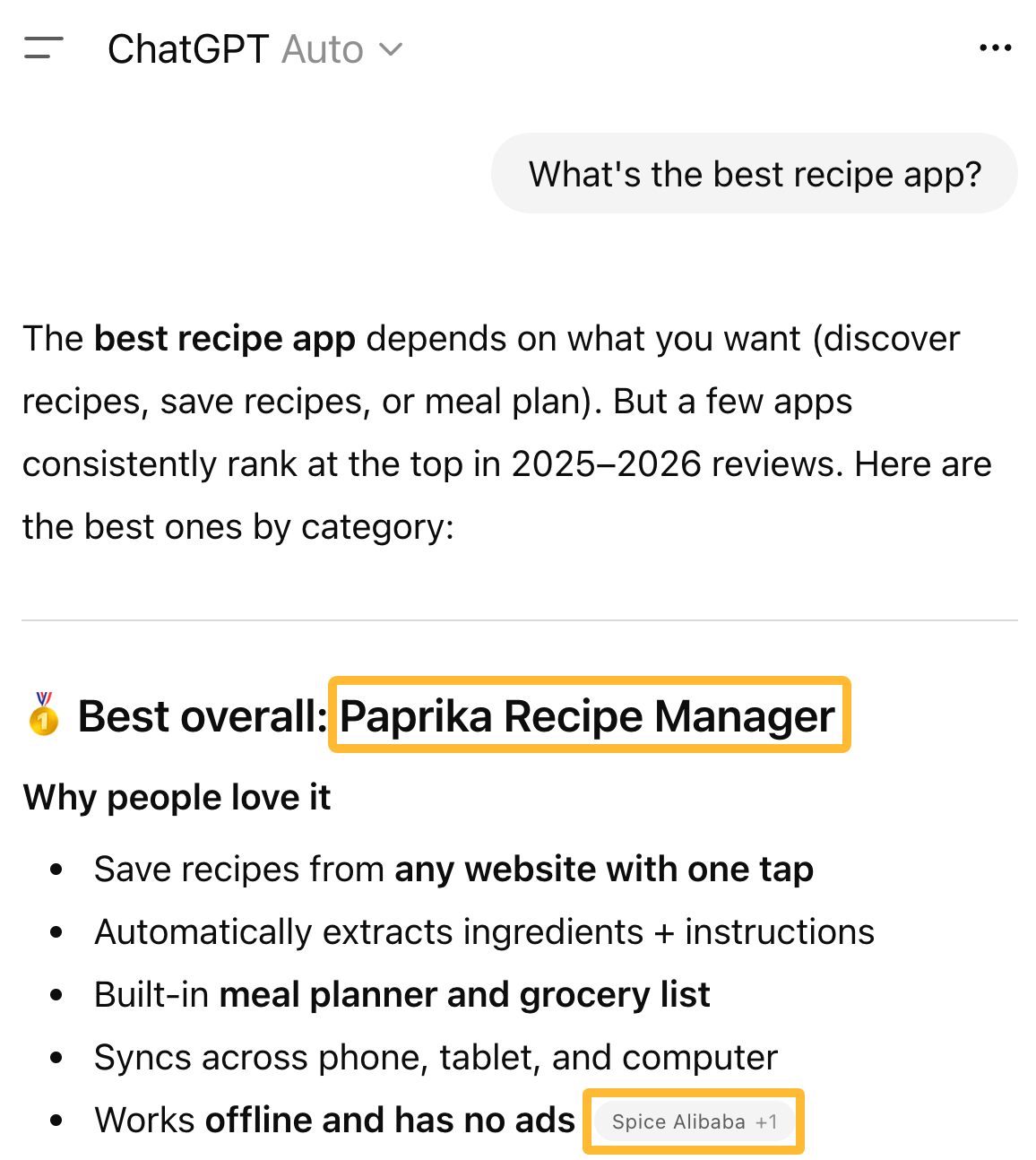 ChatGPT 截图,推荐 Paprika Recipe Manager 为最佳综合食谱应用,具有一键保存和膳食计划等功能