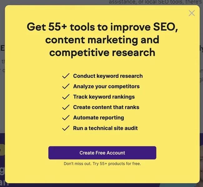 Semrush 博客上的一个弹窗,标题为“获取 55+ 款工具以改进 SEO、内容营销和竞争研究”。
