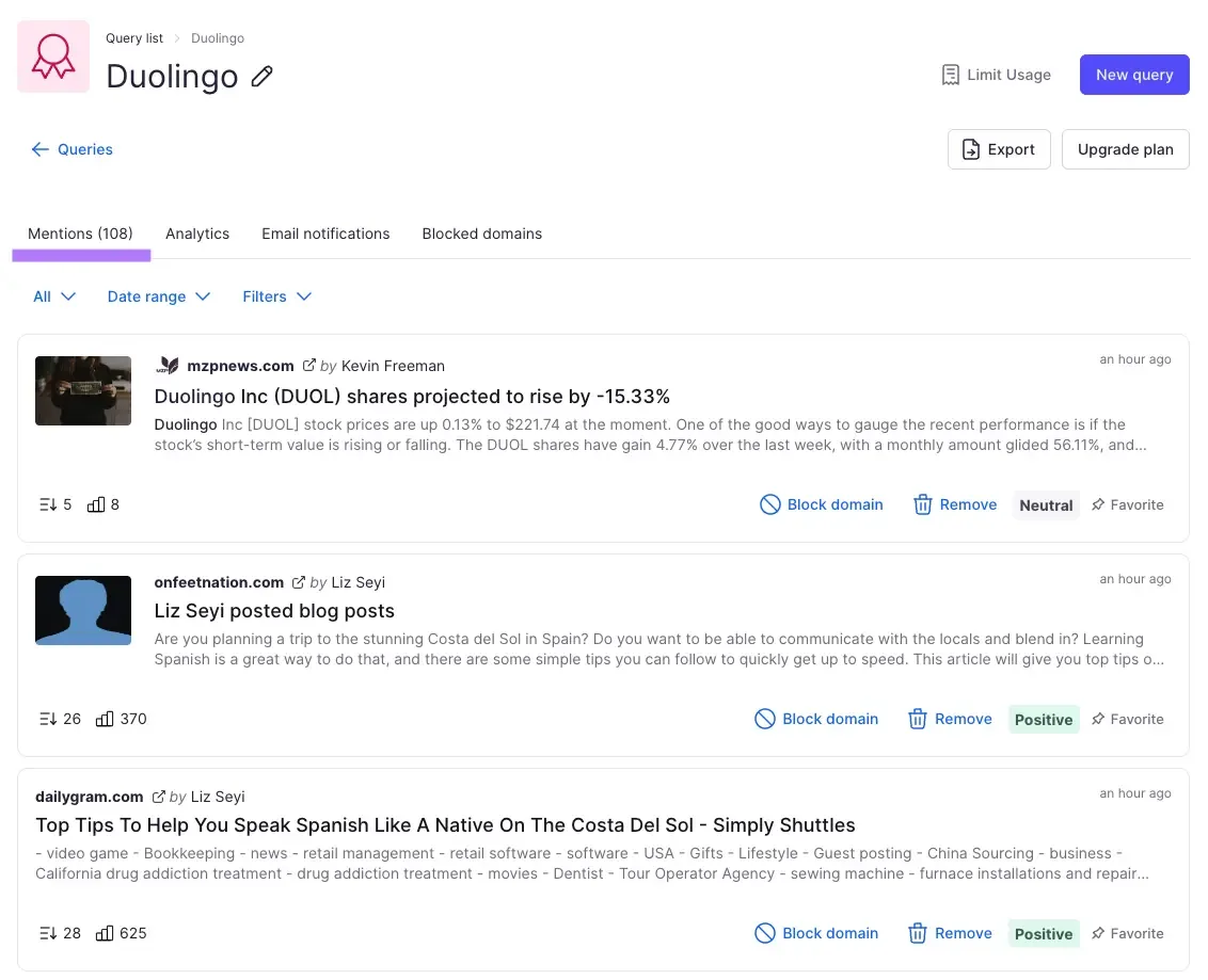 Brand Monitoring 仪表盘,显示 Duolingo 查询的“Mentions”标签页