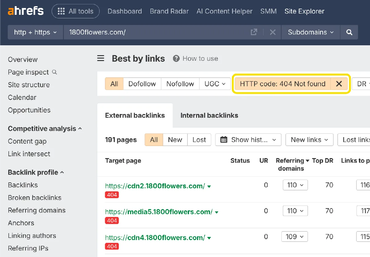 在 Ahrefs 的 Site Explorer 中查找带反向链接的 404 页面