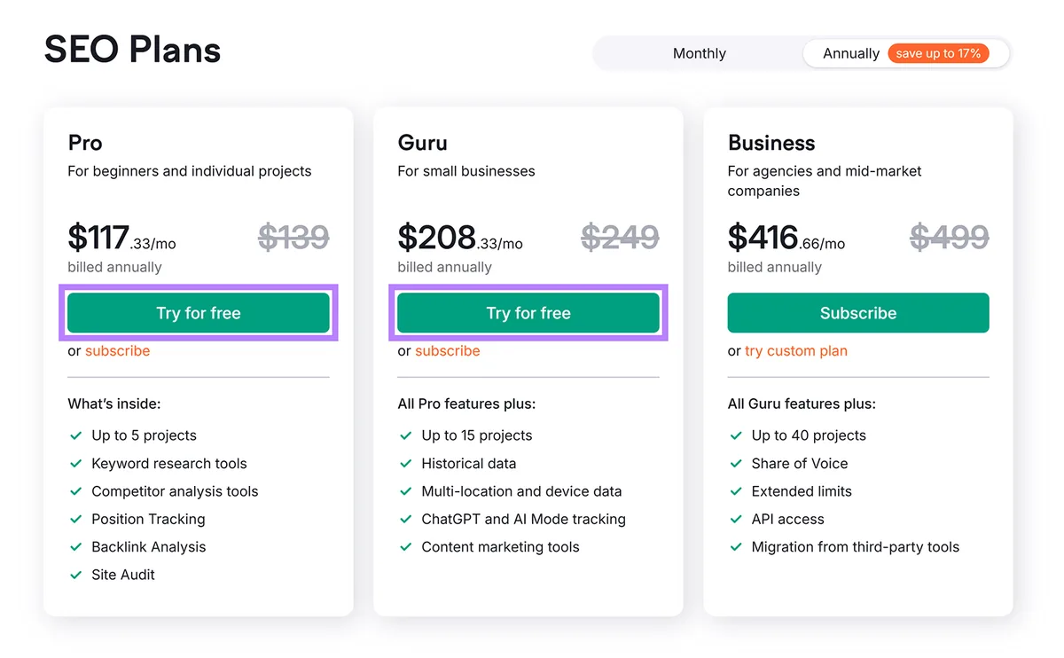 Semrush SEO 定价方案,突出显示 Pro 和 Guru 层级下的“免费试用”按钮