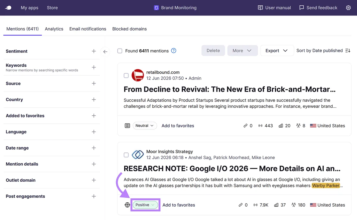 Semrush Brand Monitoring 报告显示某品牌的提及和正面情感