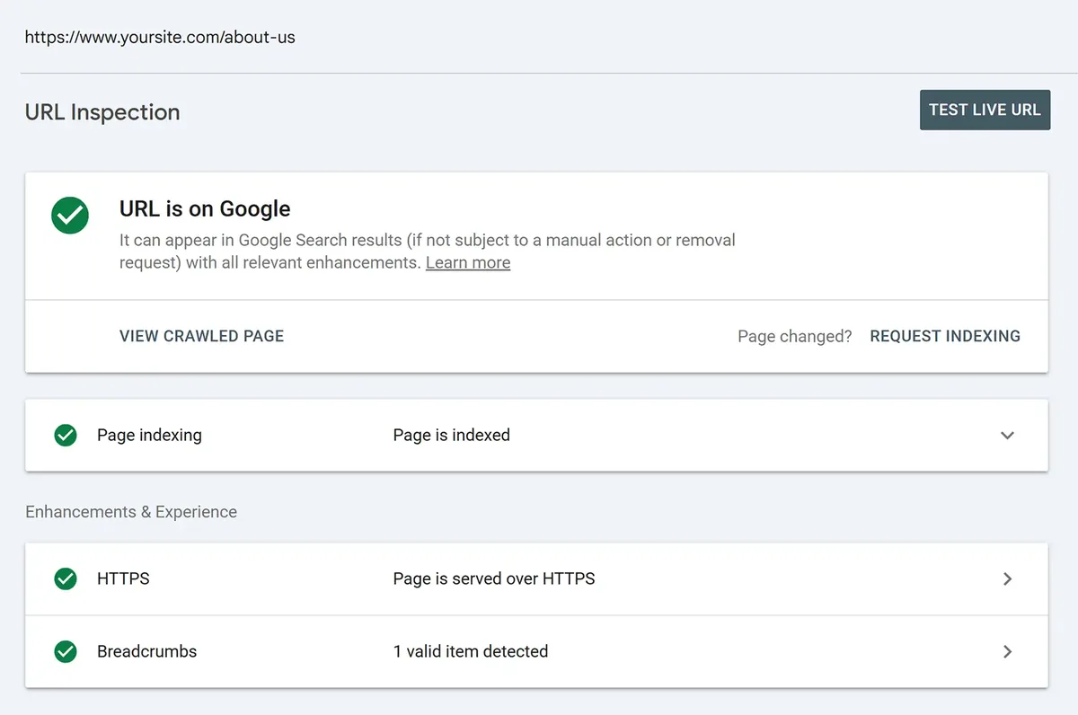 Google Search Console“网址检查”显示某个“About Us”页面已编入索引并通过 HTTPS 提供